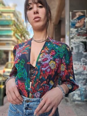 Φλοράλ πουκάμισο μαύρο πράσινο κόκκινο λεπτό ύφασμα