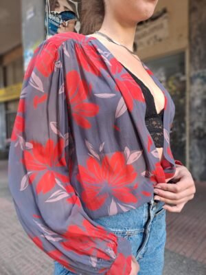 Γκρι πουκάμισο με πορτοκαλί λουλούδια