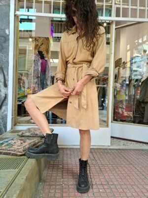 vintage tan suede midi buttoned up & belted dress