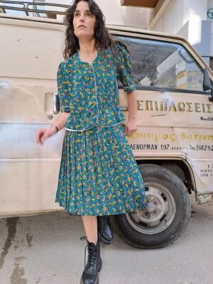 vintage floral midi pleated dress