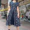 vintage floral midi dress with pleats (dark blue, beige)