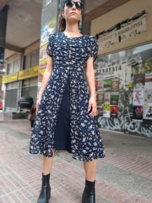 vintage floral midi dress with pleats (dark blue, beige)