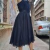 Black cockteil midi belted dress with embroidered details