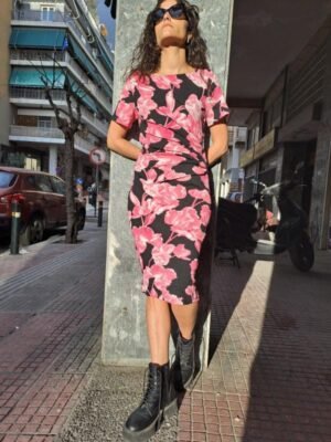 floral midi φορεμα με ντραπέ, σε ισια γραμμη