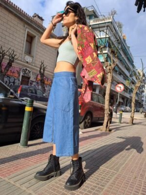 vintage denim midi κλος φουστα με full zip