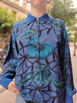 vntage floral silk blouse/shirt with knitted collar and cuffs