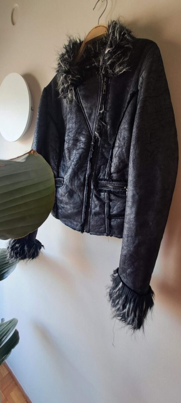 vintage shiny black  leather jacket with fur lining - Image 3