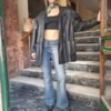 80's vinatge black leather jacket, one buttoned, padded