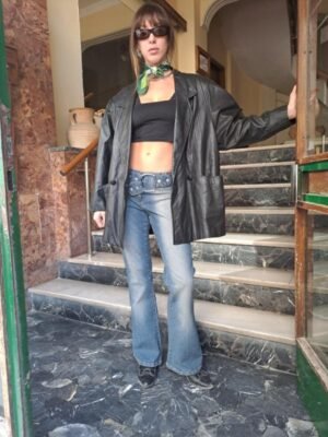 80's vinatge black leather jacket, one buttoned, padded