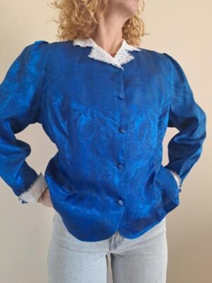 80s vintage electric blue shirt with details on the collar