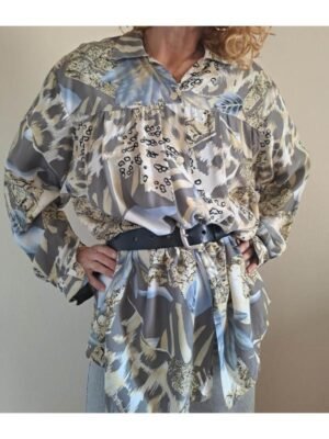 90's vintage crazy patterned viscose shirt (light blue, grey, cream)