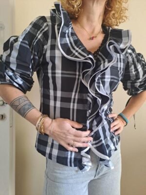 80's vintage black& white checked shirt with frills