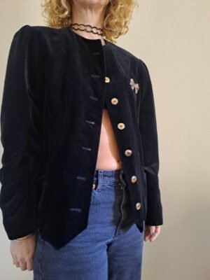 80's vintage black velvet cuttoned up jacket with decorative bow