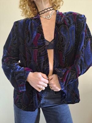 80's vintage patterned one button dark blue velvet jacket (burgundy,black,gold)