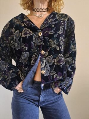 80's vintage blak floral velvet light jacket
