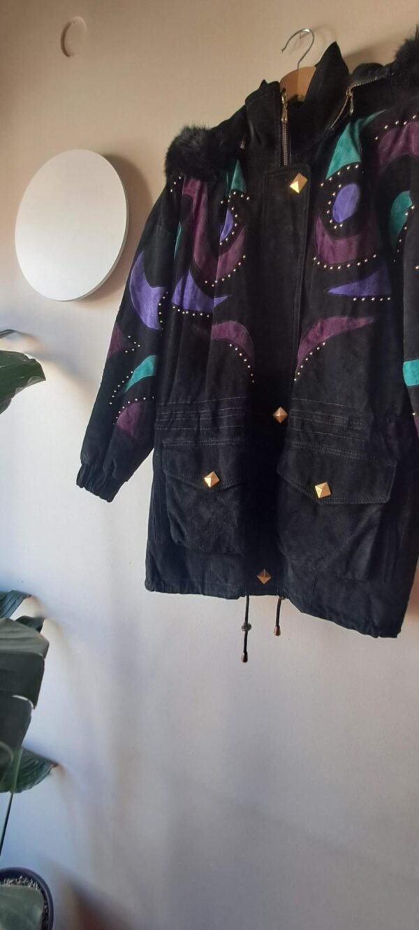 80's black leather suede parka jacket with patches and trooks - Image 7