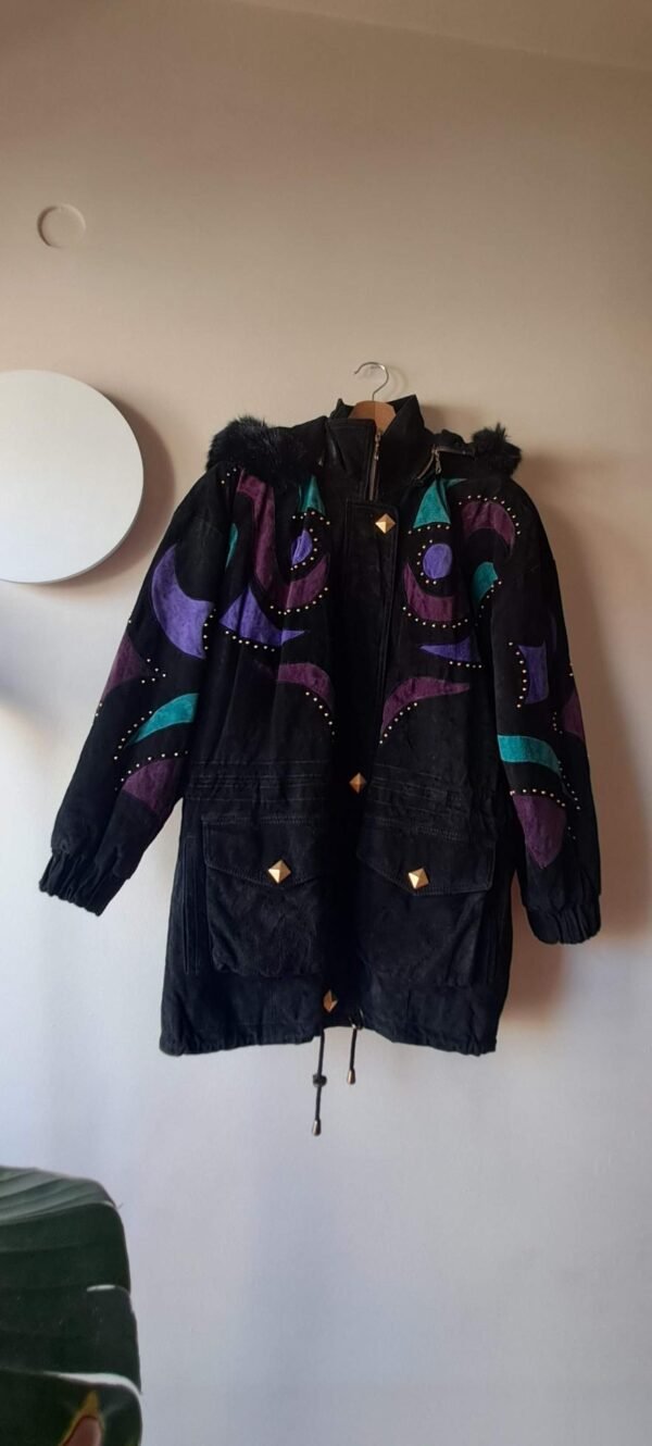 80's black leather suede parka jacket with patches and trooks - Image 3