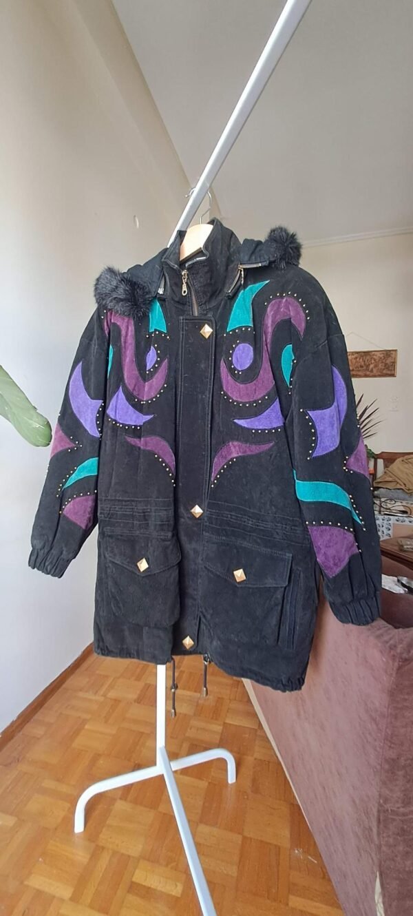 80's black leather suede parka jacket with patches and trooks - Image 2