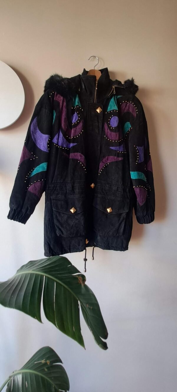 80's black leather suede parka jacket with patches and trooks - Image 8
