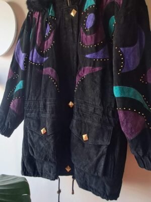80's black leather suede parka jacket with patches and trooks