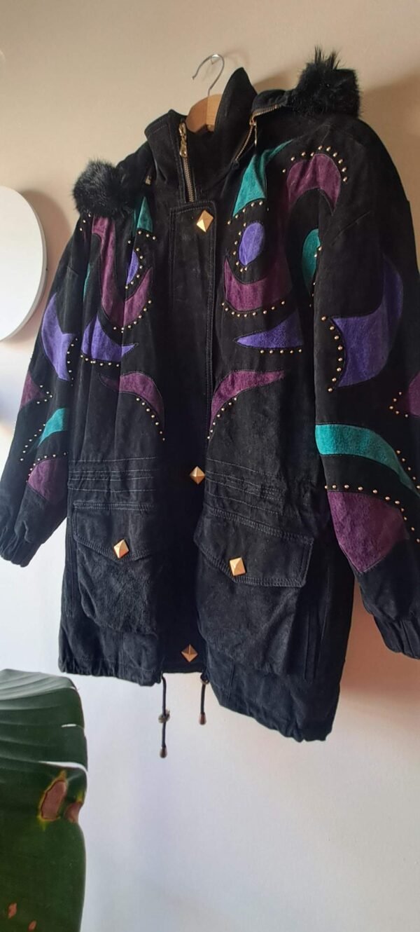 80's black leather suede parka jacket with patches and trooks