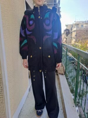 vintage leather suede parka jacket with patches and trooks