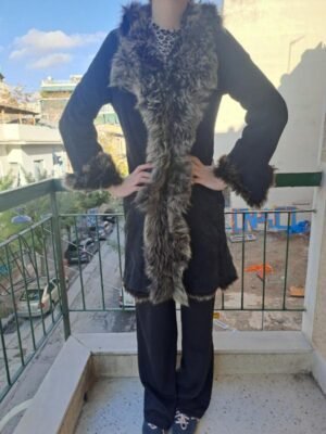 vinatge genuine sheepskin leather sued jacket black with grey fur lining