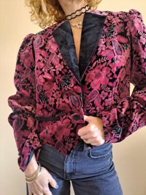 80's vintage velour floral cropped jaket (black,burgundy,dusty pink, green)