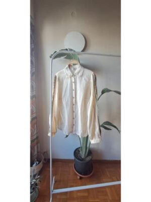 vintage romantic beige semi transparent shirt with embroidery on sleeves