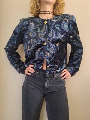 80's vintage velvet patterned crop jacket(dark blue,light blue,brown)