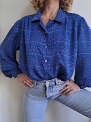 vintage silk electric blue shirt, patterned and striped