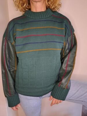vintage wool knitted heavy blouse with leather sleeves
