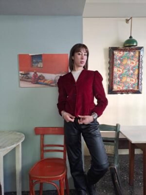 vintage velvet jacket shoulder padded in cherry red