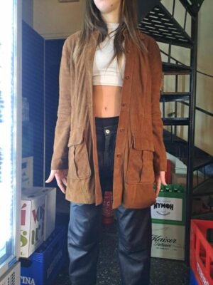 vintage genuine leather suede long jacket in cinnamon brown