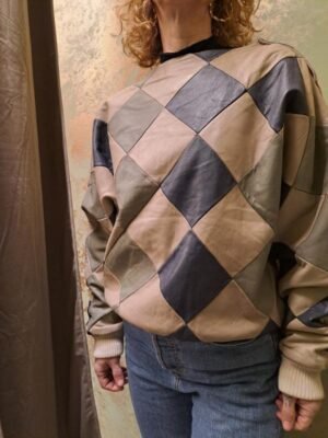 vintage leather patchwork blouse(grey,graphite,vanilla)