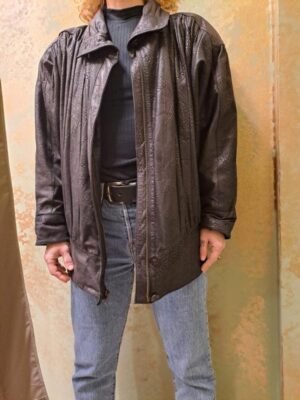 vintage black leather jacket with anaglyph designs