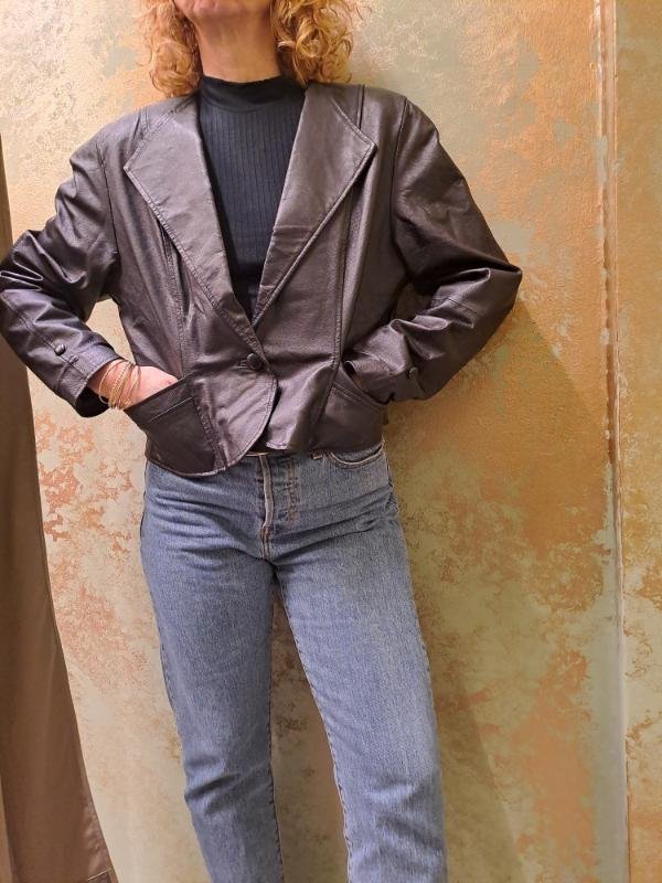 vintage black leather jacket one buttoned - Image 2