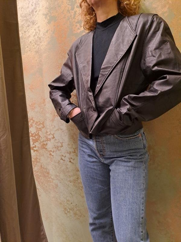 vintage black leather jacket one buttoned - Image 3