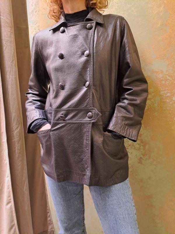vintage black leather jacket buttoned up - Image 4