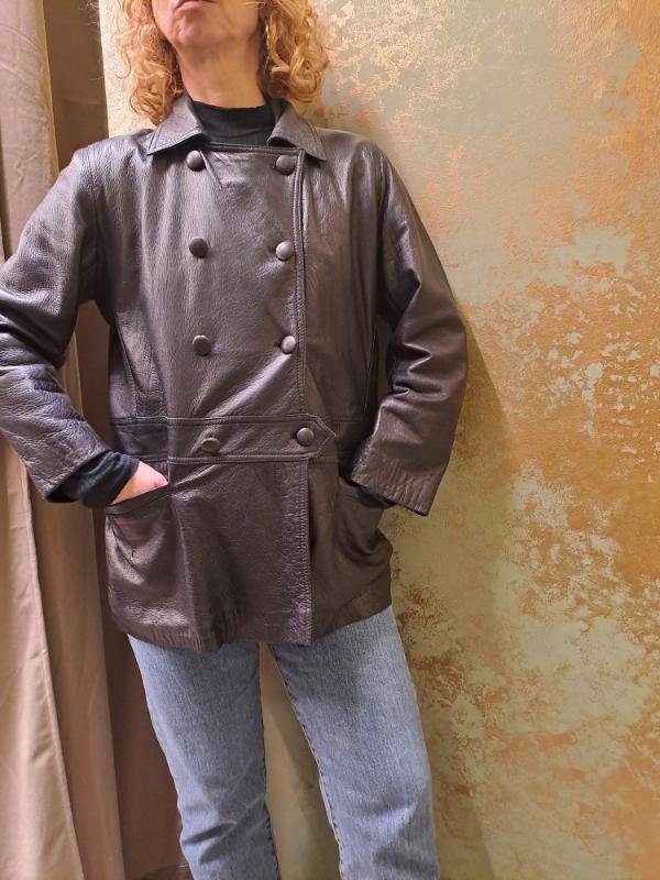 vintage black leather jacket buttoned up