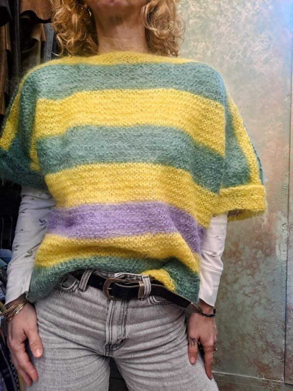 vintage mohair hand knitted blouse short sleeved and stripped (yellow, green, lilac)