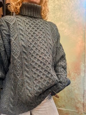 vintage knitted blouse with high neck in petrol grey color