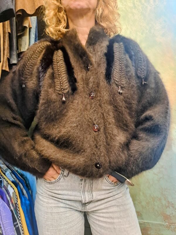 vintage knitted mohair brown cardigan with accentuated shoulders and details with beads, perls and faux fur - Image 4
