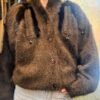 vintage knitted mohair brown cardigan with accentuated shoulders and details with beads, perls and faux fur