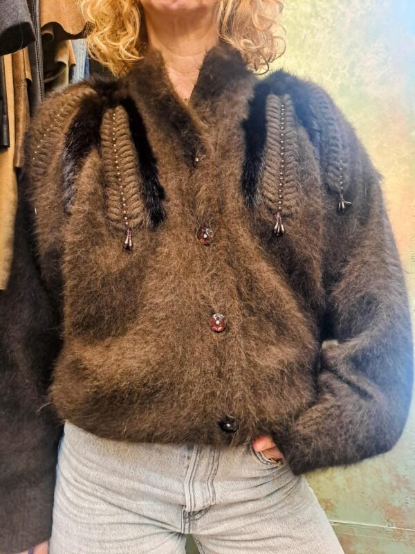 vintage knitted mohair brown cardigan with accentuated shoulders and details with beads, perls and faux fur
