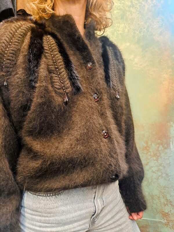 vintage knitted mohair brown cardigan with accentuated shoulders and details with beads, perls and faux fur - Image 2