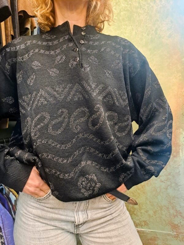 vintage black knitted blouse with metalic fibres desing, turtle neck buttoned - Image 2