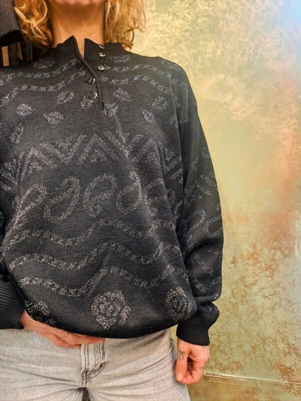 vintage black knitted blouse with metalic fibres desing, turtle neck buttoned - Image 3