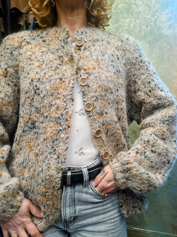 vintage knitted cardigan buttoned up (terracotta, grey, beige) - Image 2