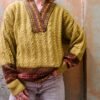 vintage knit blouse with V neck and patterned details in olive green